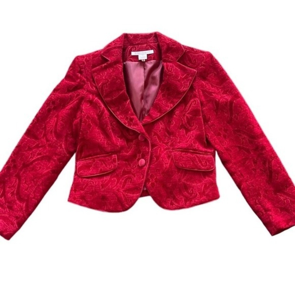 Nine & Company Womens Y2K Blazer Velvet Damask 10P Red Cropped Evening Jacket
